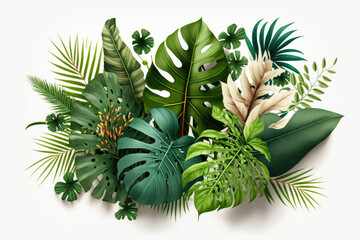 Plantas hechas con papercraft, jardín vertical tropical, exótico ramo de flores, palmeras de colores, hecho con IA - obrazy, fototapety, plakaty