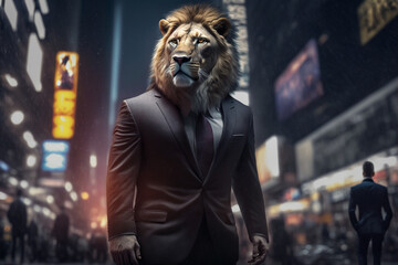 Fototapeta na wymiar Lion wearing a business suit, concept of leadership, vision and confidence, generative ai