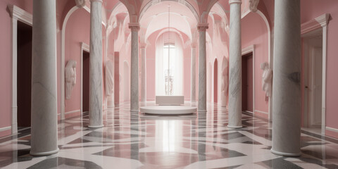 Galería de arte estilo renacentista con mármol rosa, lujosa tienda de moda en el centro de París, museo de arte barroco, hecho con IA - obrazy, fototapety, plakaty