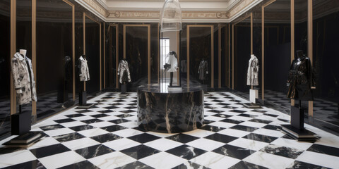 Showroom de lujo, tienda de moda en París,  salón de mármol negro, vestidor inspirado en un palacio renacentista, hecho con IA - obrazy, fototapety, plakaty