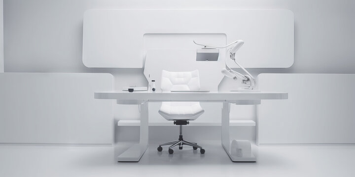 setup minimalista blanco, despacho arquitecto, escritorio ingeniero industrial, oficina futurista, hecho con IA