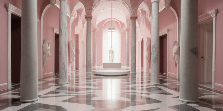 Galería de arte estilo renacentista con mármol rosa, lujosa tienda de moda en el centro de París, museo de arte barroco, hecho con IA