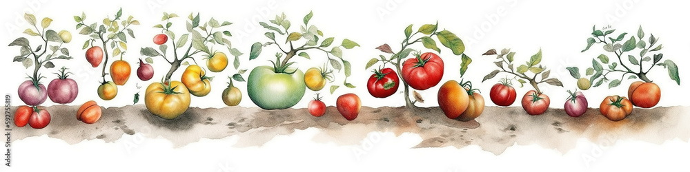 Poster a painting of a row of grown tomatoes in a garden. ai generative image