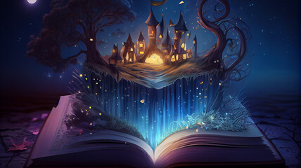 Fantasy mystical fairytaie coming out of open book, concept of inspirational fiction story and reading.