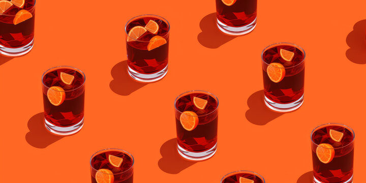 Fondo C&oacute;ctel de ron patr&oacute;n isometrico, elegante ron con naranja en vaso de cristal, hecho con IA