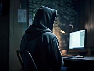 Dangerous Hooded Hacker Breaks into Government Data Servers and Infects Their System with a Virus. His Hideout Place has Dark Atmosphere, Generative AI - obrazy, fototapety, plakaty