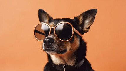 Cute dog animal with sunglasses on pastel background with copy space, summer vibes