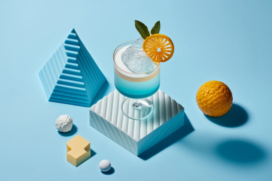 Bebida azul con hielo y naranja, cóctel de verano inspirado en el mar mediterráneo, bebida en la costa azul de Francia, hecho con IA