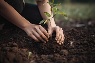 New Life Grows Strong: A Female Volunteer Plants a Young Tree with Care and Passion, Generative AI