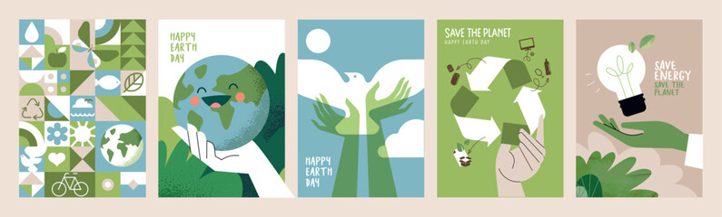 Earth day poster set. Vector illustrations for graphic and web design, business presentation, marketing and print material.