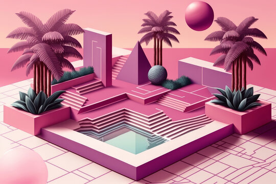 Fondo verano aesthetic rosa con piscina y palmeras, fondo videojuego, escenario vaporwave, escenario de fantas&iacute;a de los 80s, hecho con IA