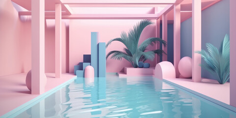 Piscina aestehtic en hotel de lujo, apartamento rosa con palmeras y alberca brutalista, background 80s, IA generativa