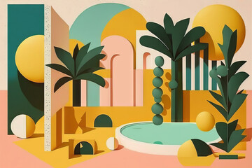 Postal de verano de una piscina con palmeras, background amarillo y verde veraniego, IA generativa