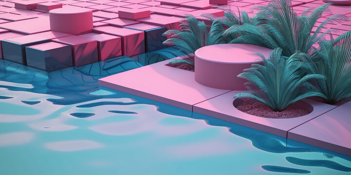 Piscina aesthetic con palmeras, escenario 3d de ciencia ficci&oacute;n futurista en la orilla del mar, edificio brutalista, IA generativa