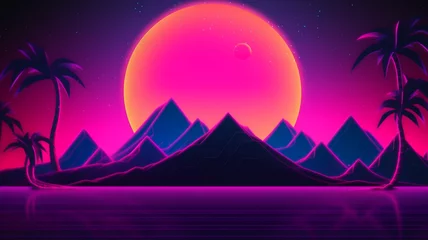 Gartenposter Rosa Synthwave retro cyberpunk style landscape background banner or wallpaper. Bright neon pink and purple colors.