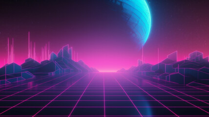 Synthwave retro cyberpunk style landscape background banner or wallpaper. Bright neon pink and purple colors.