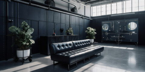 Loft de estilo industrial con decoración negra y muebles de cuero, apartamento de lujo en la ciudad - obrazy, fototapety, plakaty