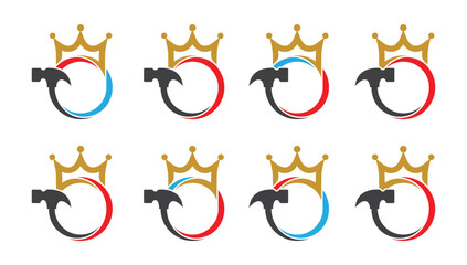 Hammer Crown Logo Concept symbol sign icon Element Design. Construction Building, House, Home Repair Logotype. Vector illustration template