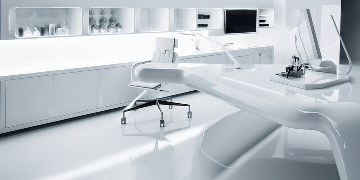 Laboratorio futurista especializado en investigación y desarrollo (I+D), clínica minimalista con los últimos avances tecnológicos, IA generativa 