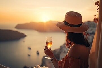 Greek Island vacation, Woman in hat looking the sunset holding a glass of champagne, ai generatibe - obrazy, fototapety, plakaty