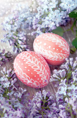 Easter eggs and flowers, happy holidays - 592757273
