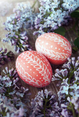 Easter eggs and flowers, happy holidays - 592757278