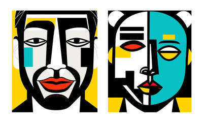 Abstract minimal geometric faces. Flat colors. Cubism, bauhaus. Vector set.