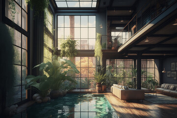 Fototapeta Loft de lujo con piscina interior con vistas a la ciudad, apartamento diáfano de diseño industrial decorado con muchas plantas y vegetación, piso de lujo  obraz