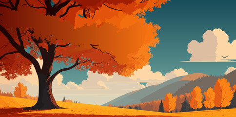 Fall season. Beautiful autumn landscape, panoramic view. Vector illustration