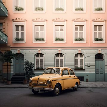 beautiful car parked in the street in wes anderson style colorful cinematic matte award winning photo shot on Canon DSLR f28 Long exposure 25mm v4 ar 23 