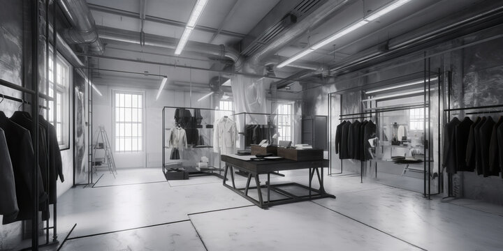 Pop up store en la semana de la moda en Paris, tienda de ropa exclusiva, tienda estilo industrial