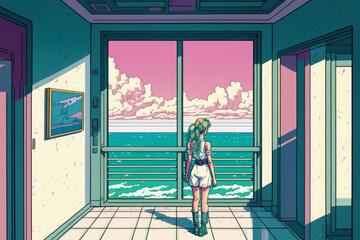 Ilustración aesthetic con vistas al mar desde el apartamento, nostalgia de los 90s, fondo anime, IA generativa 