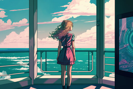 Sensaci&oacute;n de nostalgia, despedida dolorosa mientras mira al mar, fondo de anime estilo 90s con colores aesthetic, IA generativa 