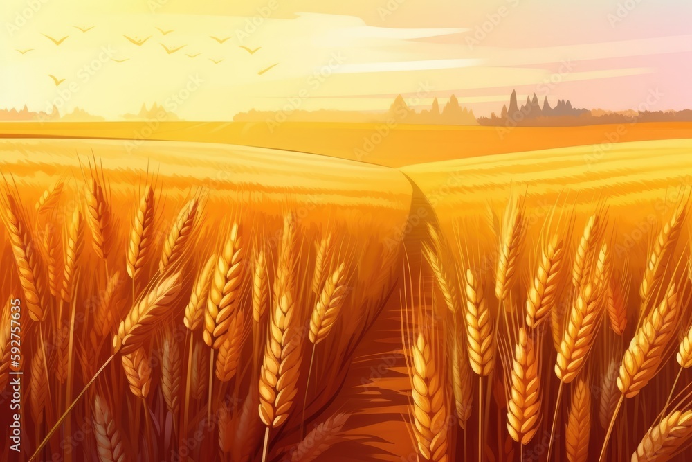 Aufkleber golden, ripe wheat ears on a field during the summers with close-up macro sunrays. very wide format.