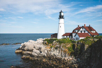 Fototapeta na wymiar View of Portland Head Light Lighthouse in Portland, Maine on a Beautiful Day