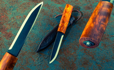 Knife with wooden handle. Hunting Scandinavian knife. Knife from different angles.