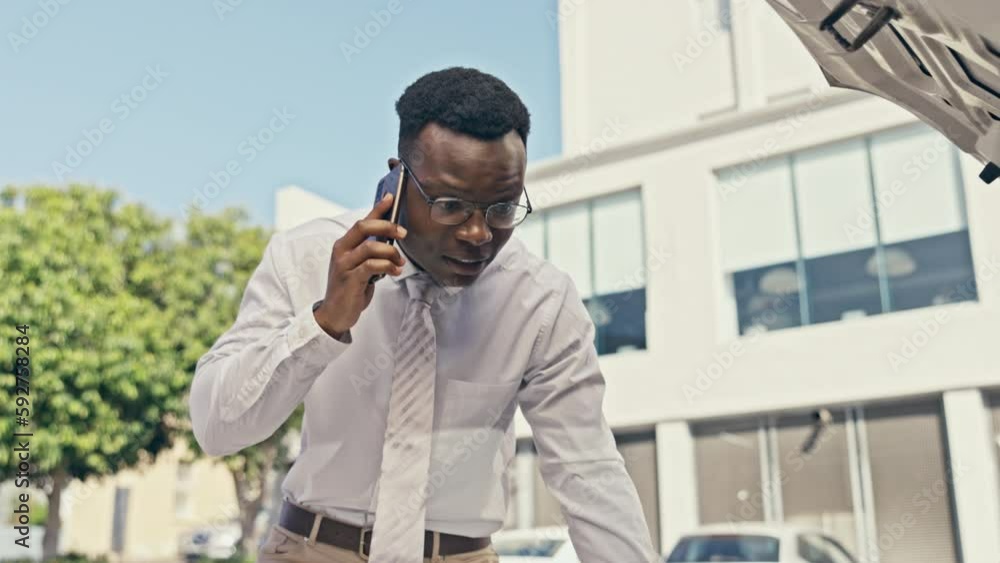 Sticker Phone call, insurance and breakdown with a black man in the city, having vehicle issues or problems outdoor. Car, roadside assistance or emergency with a male speaking on his mobile after an accident