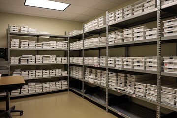 functional and organized filing and storage room with custom shelving, labeling systems, and document management solutions - Generative AI