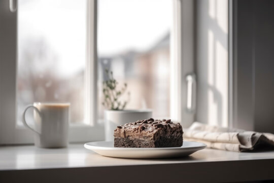 Plate of a fresh homemade chocolate brownies and a cup of coffee with milk on a counter top by the window in a bright setting. Illustration, Generative AI