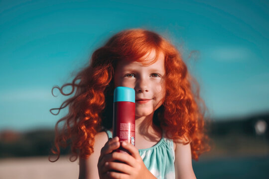 A little red-haired girl in a swimsuit on the beach showing a sun protection cream for sensitive skin. Summer vacation, skin care. Illustration. Generative AI
