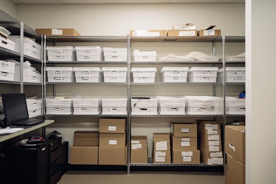 functional and organized filing and storage room with custom shelving, labeling systems, and document management solutions - Generative AI