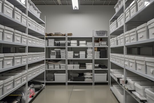 functional and organized filing and storage room with custom shelving, labeling systems, and document management solutions - Generative AI