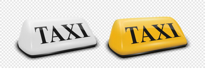 Vector 3d Realistic White and Yellow French Taxi Sign Icon Set Closeup Isolated. Design template for Taxi Service, Mockup. Half Turn View