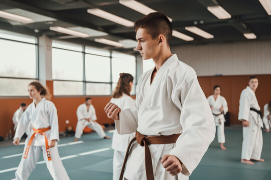 Young athletes karatekas, experts, training karate fighting style in the gym, AI generative illustration