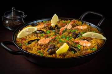 Seafood Paella, Spanish Rice With Shrimp In Pan, Sea Food Paella, Abstract Generative AI Illustration