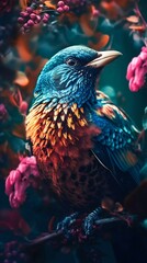 Colorful Bird with Floral on Background. Generative AI
