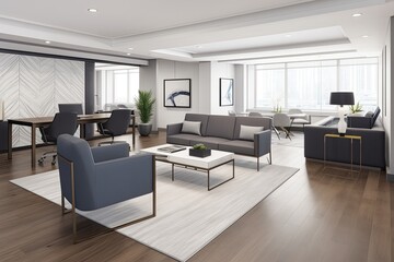 leek and sophisticated CEO suite with a private office, a dedicated meeting area,cozy lounge, and exclusive amenities, exemplifying leadership and executive presence corporate setting - Generative AI