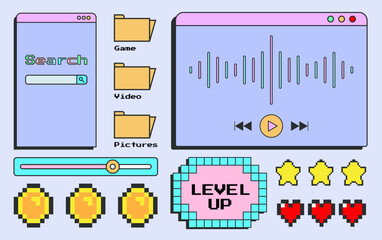 90s retro user interface elements. Cute nostalgic computer ui, vintage aesthetic icons and windows vector set. 90s interface digital, retro window compauter illustration