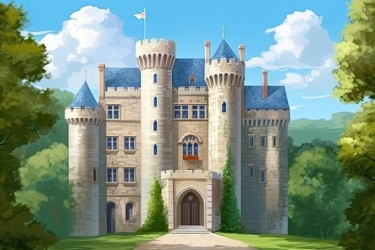 Childrens cartoon natural picture with lovely castle nearby in the forest. Generative AI