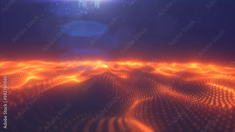 Poster abstract orange energy surface with magic waves of particles and points with an endation background 